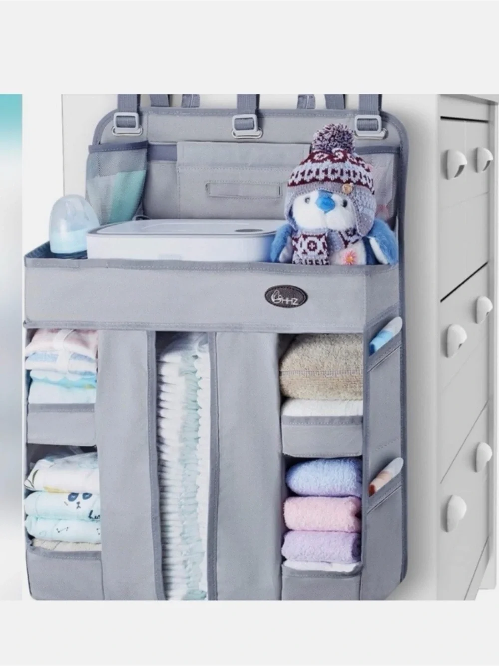 Gray crib Organizer hanging diaper caddy for baby